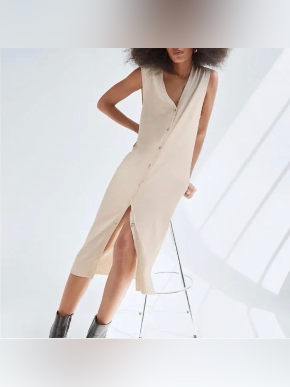 Aritzia Babaton midi knit dress with a v-neck and front buttons.